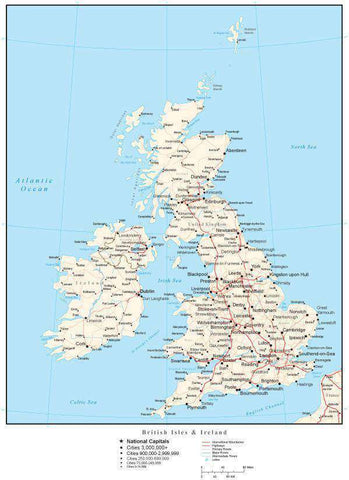 United Kingdom Map with Country Boundaries, Capitals, Cities, Roads and Water Features