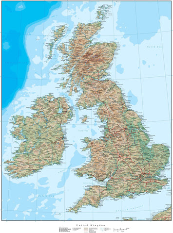 17 x 22 Inch United Kingdom Map - with Land Terrain & Water Contours