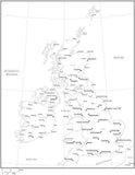 Black & White United Kingdom Map with Countries, Capitals and Major Cities - GBR-XX-533867