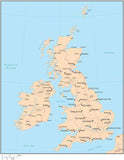 Single Color United Kingdom Map with Countries, Capitals, Major Cities and Water Features