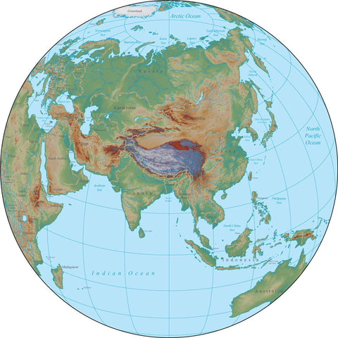 Globe over Asia Terrain map in Adobe Illustrator vector format with Photoshop terrain image GL-ASI-952818