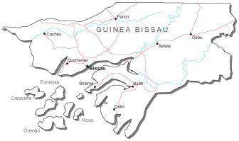 Guinea Bissau Black & White Map with Capital, Major Cities, Roads, and Water Features