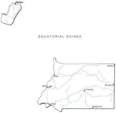 Equatorial Guinea Black & White Map with Capital, Major Cities, Roads, and Water Features
