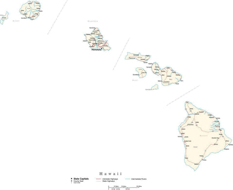 Hawaii Map - Cut Out Style - with Capital, County Boundaries, Cities, Roads, and Water Features