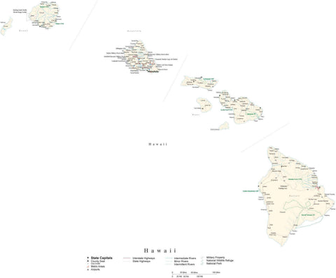 Detailed Hawaii Cut-Out Style Digital Map with County Boundaries, Cities, Highways, and more