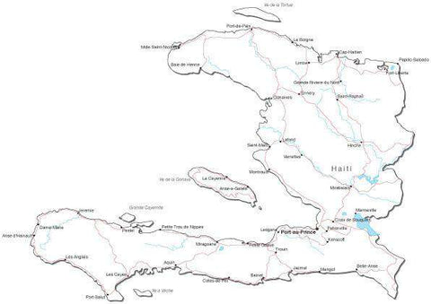 Haiti Black & White Map with Capital, Major Cities, Roads, and Water Features