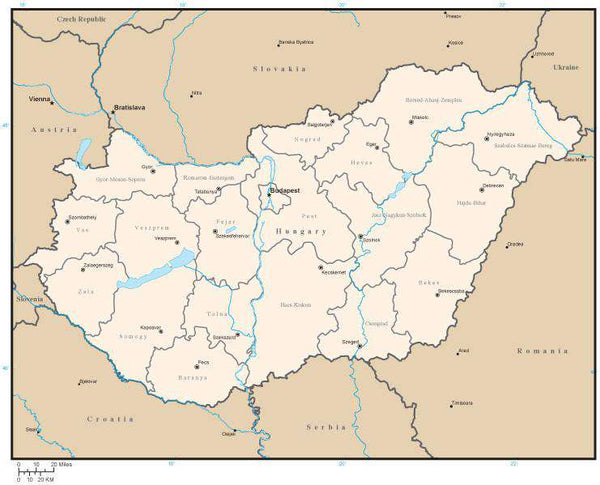 Hungary Map with County Areas and Capitals in Adobe Illustrator Format