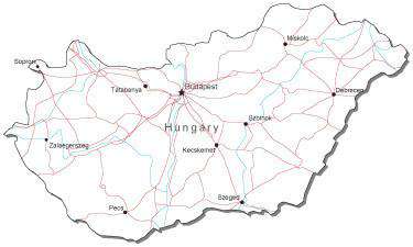 Hungary Black & White Map with Capital, Major Cities, Roads, and Water Features