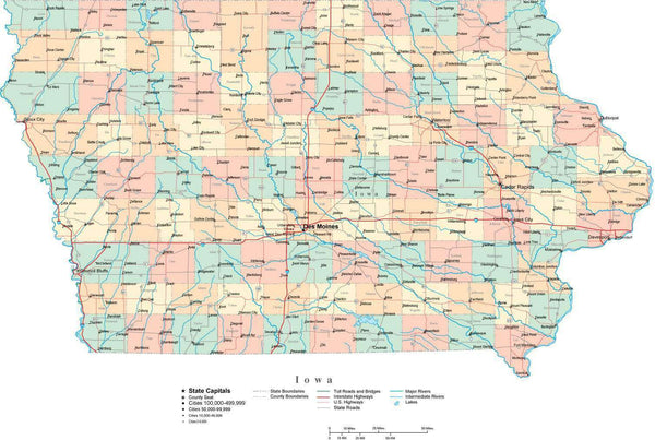 Iowa Digital Vector Map with Counties, Major Cities, Roads, Rivers & Lakes