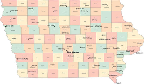 Multi Color Iowa Map with Counties, Capitals, and Major Cities