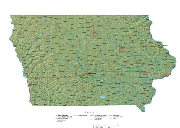 Iowa Illustrator Vector Map with Cities, Roads and Photoshop Terrain Image