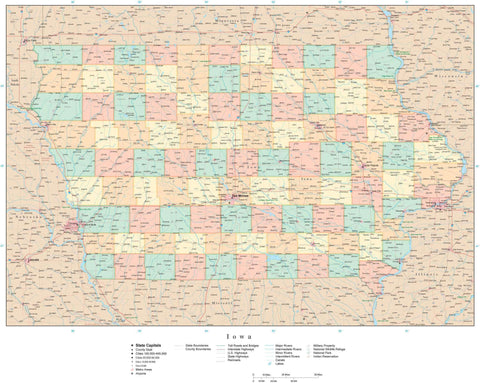 Detailed Iowa Digital Map with Counties, Cities, Highways, Railroads, Airports, and more