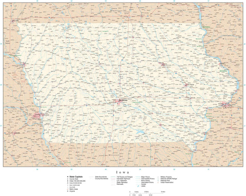 Detailed Iowa Digital Map with County Boundaries, Cities, Highways, and more