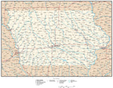 Iowa Map with Capital, County Boundaries, Cities, Roads, and Water Features