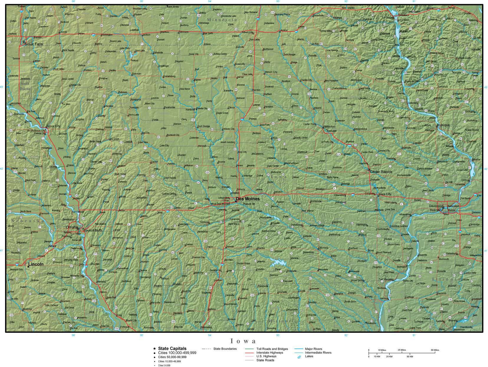Iowa State Map Plus Terrain with Cities & Roads