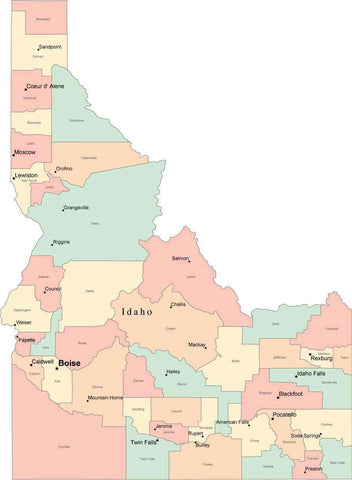 Multi Color Idaho Map with Counties, Capitals, and Major Cities