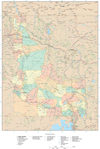 Detailed Idaho Digital Map with Counties, Cities, Highways, Railroads, Airports, and more