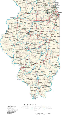 Illinois Map - Cut Out Style - with Capital, County Boundaries, Cities, Roads, and Water Features