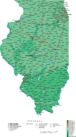 Illinois Map  with Contour Background - Cut Out Style