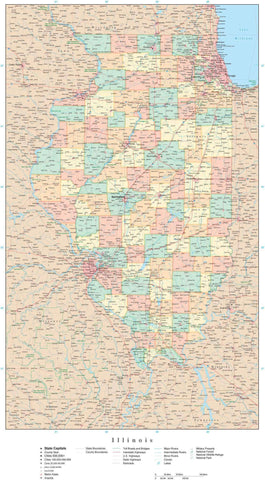 Detailed Illinois Digital Map with Counties, Cities, Highways, Railroads, Airports, and more
