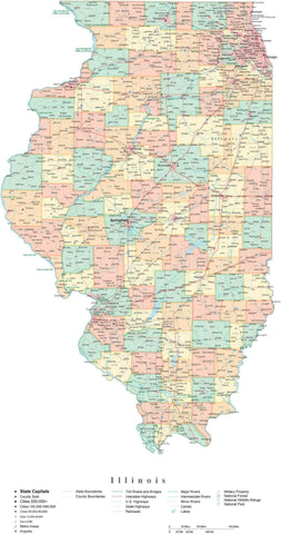 Detailed Illinois Cut-Out Style Digital Map with Counties, Cities, Highways, and more