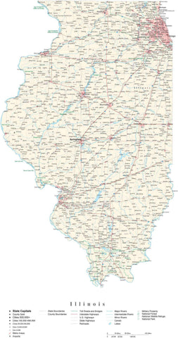 Detailed Illinois Cut-Out Style Digital Map with County Boundaries, Cities, Highways, and more