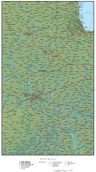 Illinois State Map Plus Terrain with Cities & Roads