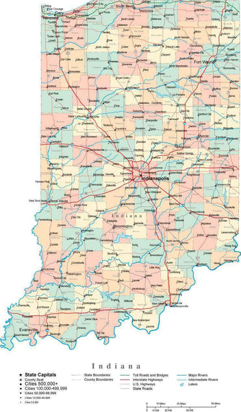 Simple Indianamap Indiana Digital Vector Map with Counties, Major Cities, Roads & Lakes