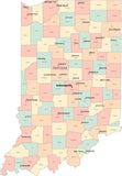 Multi Color Indiana Map with Counties, Capitals, and Major Cities