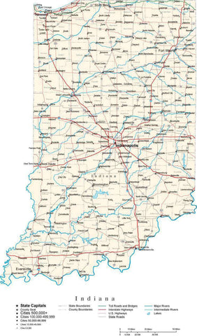 Indiana Map - Cut Out Style - with Capital, County Boundaries, Cities, Roads, and Water Features