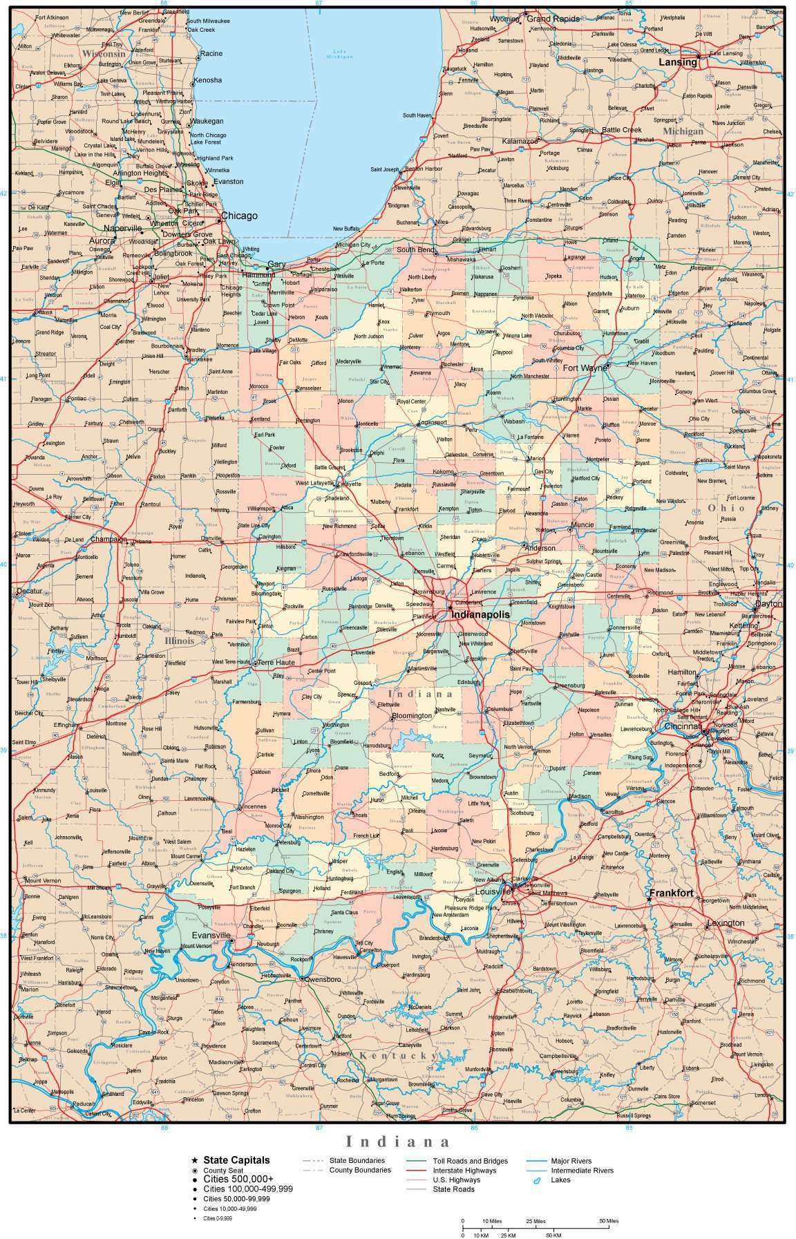 Indiana Map With Rivers Indiana Adobe Illustrator Map with Counties, Cities, Major Roads from ...