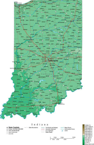 Indiana Map  with Contour Background - Cut Out Style