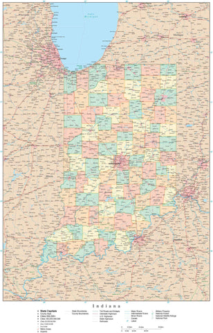 Detailed Indiana Digital Map with Counties, Cities, Highways, Railroads, Airports, and more