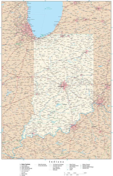 Indiana Detailed Map in Adobe Illustrator vector format. Detailed ...