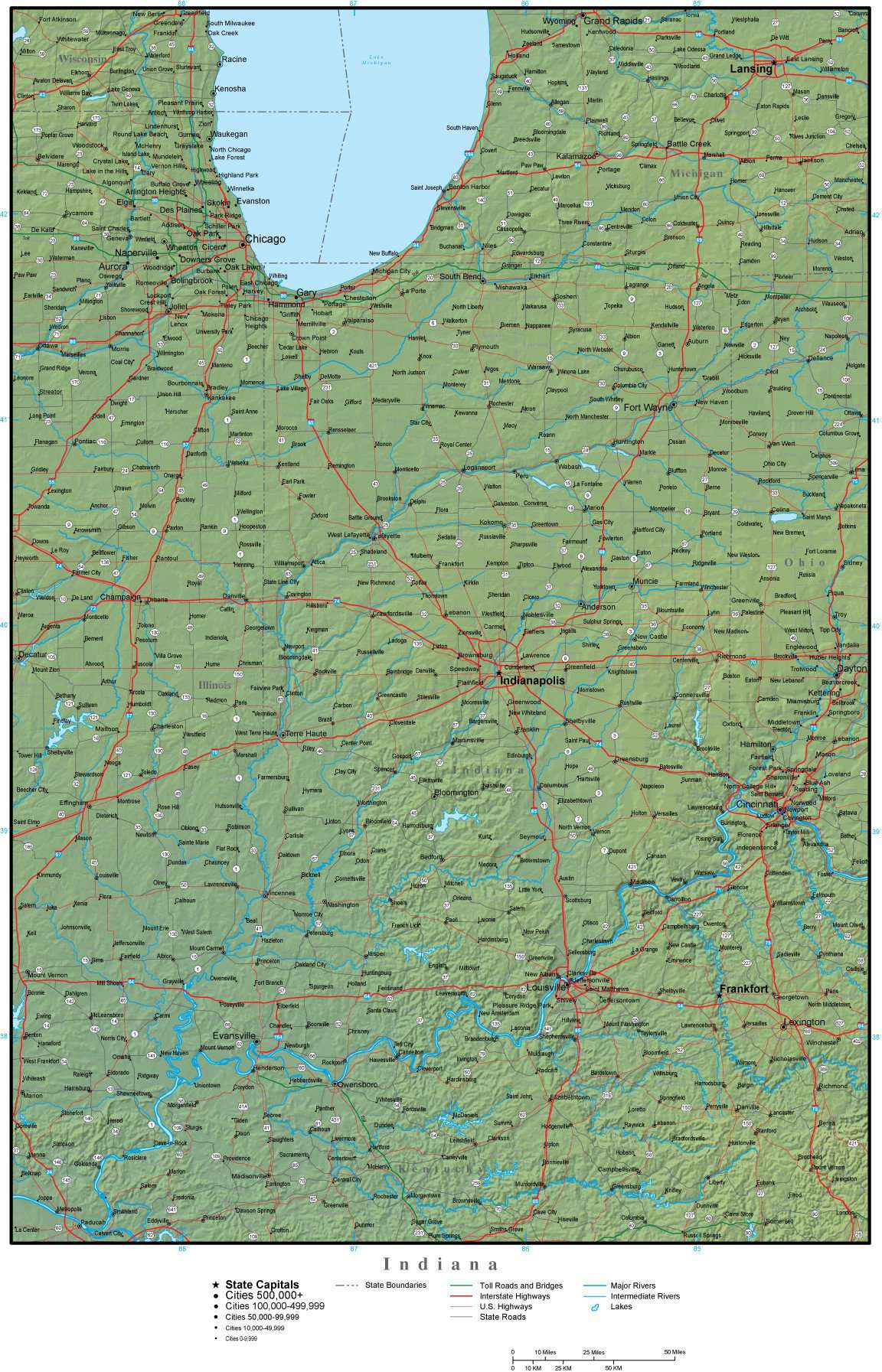 Indiana Base Map Indiana State Map Plus Terrain with Cities & Roads
