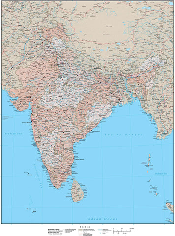 High Detail India Map with States & Union Territories Plus Terrain - 17 inches by 22 inches