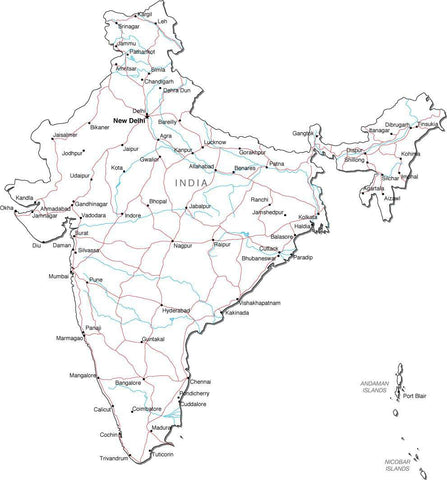 India Black & White Map with Capital, Major Cities, Roads, and Water Features