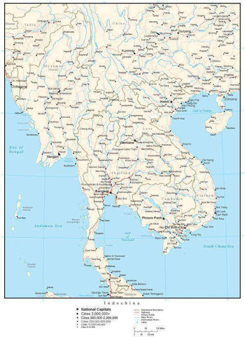 Indochina Map with Country Boundaries, Capitals, Cities, Roads and Water Features