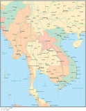 Multi Color Indochina Map with Countries, Capitals, Major Cities and Water Features