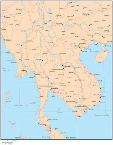 Single Color Indochina Map with Countries, Capitals, Major Cities and Water Features