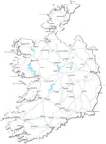 Ireland Black & White Map with Capital, Major Cities, Roads, and Water Features