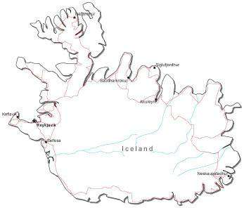 Iceland Black & White Map with Capital, Major Cities, Roads, and Water Features