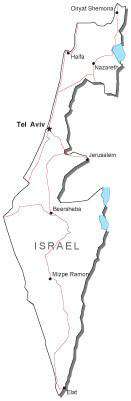 Israel Black & White Map with Capital, Major Cities, Roads, and Water Features