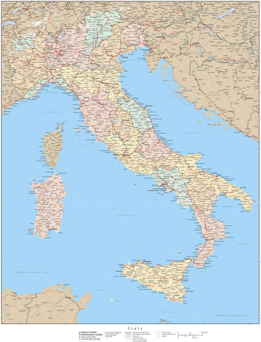 Italy Map - 22 x 17 Inches - High Detail with Regions