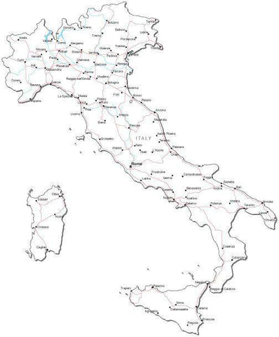 Italy Black & White Map with Capital, Major Cities, Roads, and Water Features