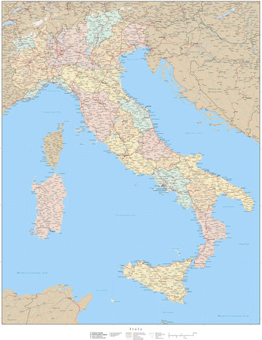 Italy Map with Regions in Adobe Illustrator Vector Format at 31 x 24 Inches