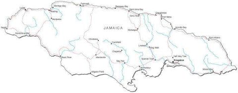 Jamaica Black & White Map with Capital, Major Cities, Roads, and Water Features