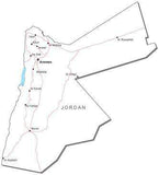 Jordan Black & White Map with Capital, Major Cities, Roads, and Water Features
