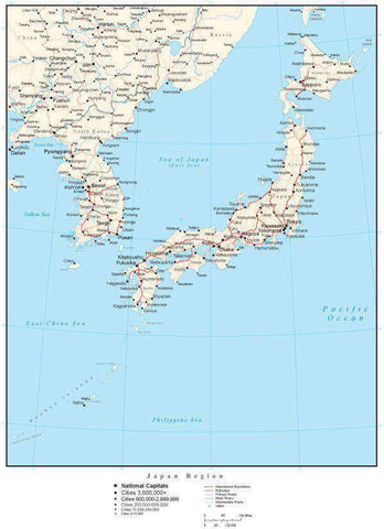 Japan Region Map with Country Boundaries, Capitals, Cities, Roads and Water Features