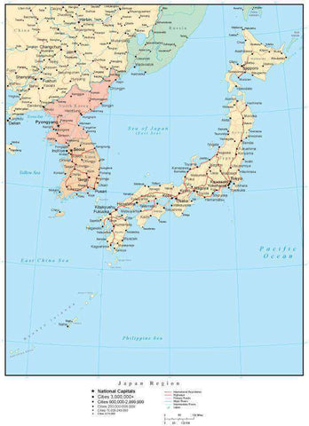 Japan Region Map with Countries, Capitals, Cities, Roads and Water Features